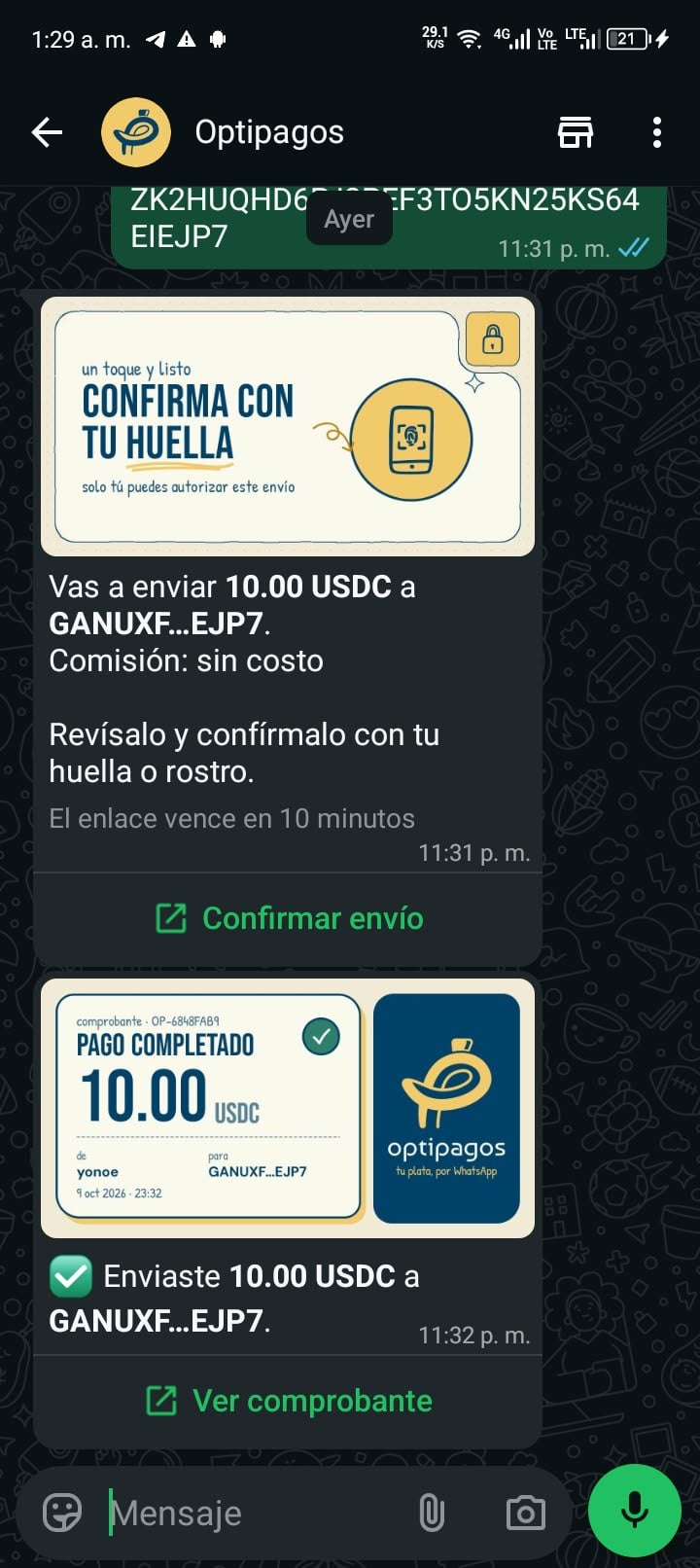 WhatsApp screenshot of the Optipagos chat: a message asks to confirm the 10.00 USDC transfer with a fingerprint or face and, below it, the “Payment completed” receipt.